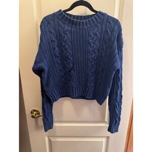 Vintage Hunts Point Cable Knit Cropped Sweater Size L Blue Chunky Fisherman Knit